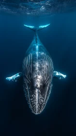 Frontal underwater view of humpback whale in open ocean.