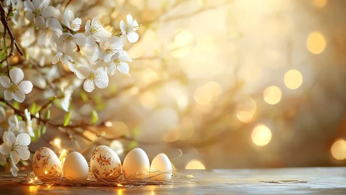 Decorated Easter eggs under spring blossoms on wood table.