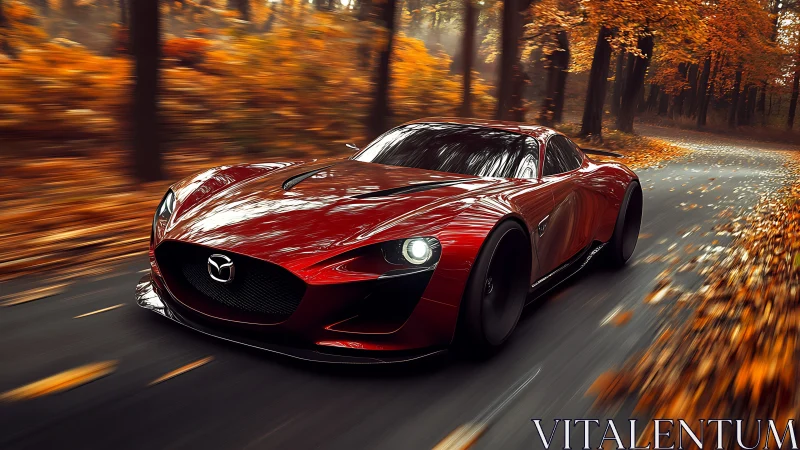 Crimson sports car gliding through a golden autumn forest road.