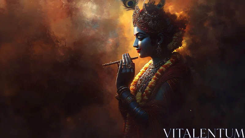 Divine flutist silhouette in luminous golden haze.