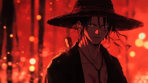 Lone anime swordsman walks through burning crimson night
