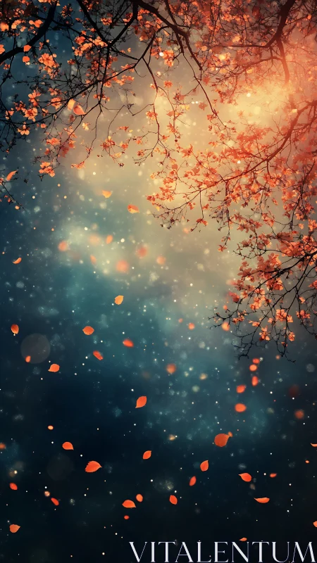 Falling autumn leaves drift through a dreamy twilight sky