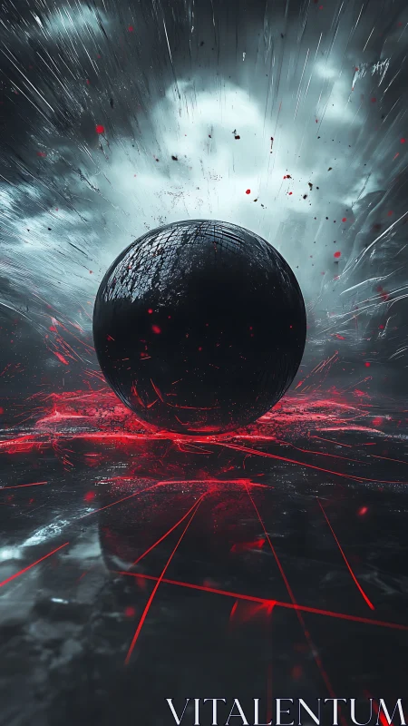 Dark sphere shatters reality amid crimson fracture field.
