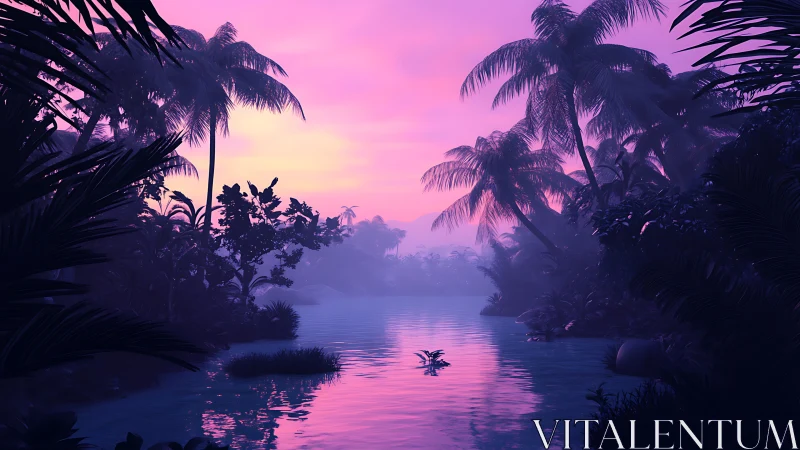 Tropical waterway at dusk with palm silhouettes under magenta sky