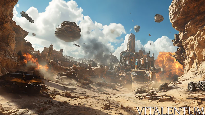 Futuristic desert fortress under heavy aerial assault