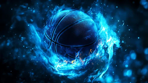 Electrified blue basketball suspended in dynamic plasma vortex