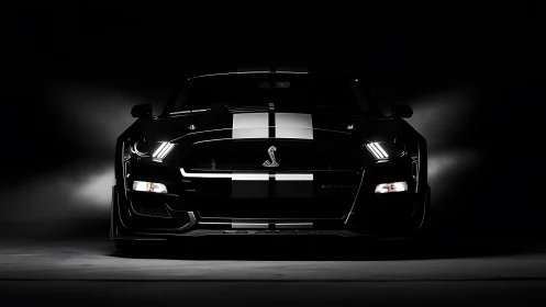 High-contrast studio front view of striped performance coupe.