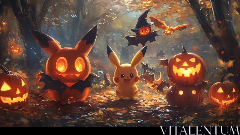 Pikachu stands among carved jack o lanterns in autumn forest