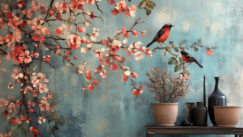 Crimson songbirds rehearse above pots and painted blossoms