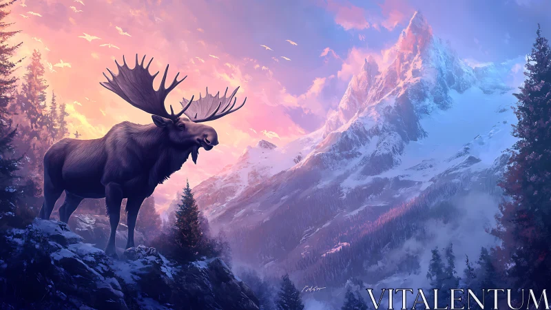 Majestic bull moose under glowing alpine sunrise sky.