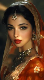 Regal Indian bride gazes forward in warm golden light.