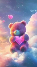 Pink teddy bear holds glowing crystal heart in dreamy sky