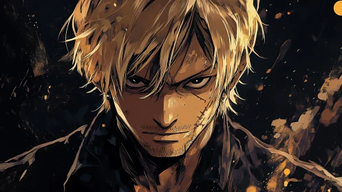 Scarred blond antihero glares through swirling golden sparks