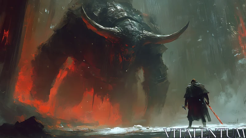 Stormlit warrior facing a towering fiery horned titan.