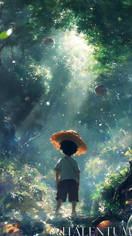 Child stands under glowing forest canopy in dappled light