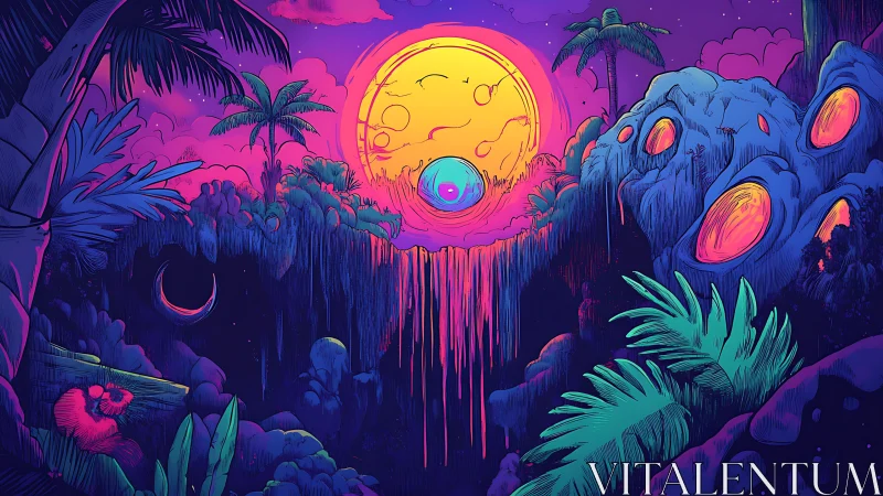 Neon alien jungle under melting cosmic sunset portal.