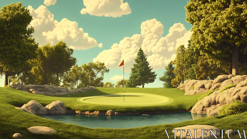 Sunlit golf green dreams beside a quiet rippling pond.