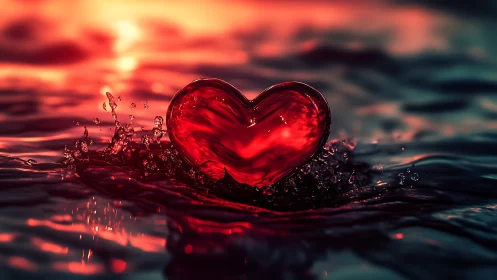 Crimson heart splashing through luminous sunset waters.