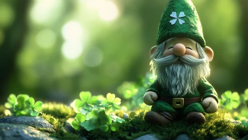 3D stylized forest gnome with clover iconography and bokeh depth.