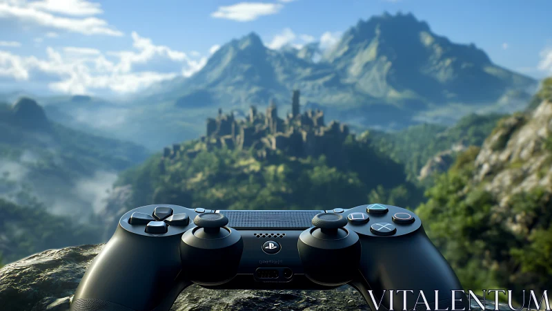 DualShock controller on rocky ledge before fantasy valley