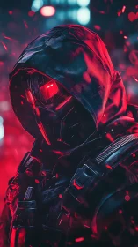 Hooded cybernetic assassin stands in red neon embers