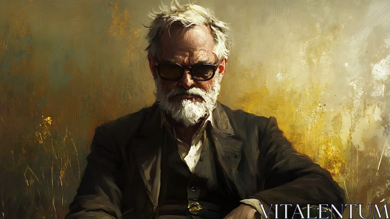 Older man in dark suit seated against textured backdrop.