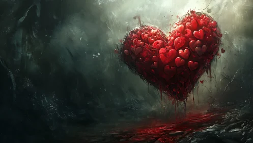 Geometric heart form constructed from smaller heart units floating in atmospheric environment