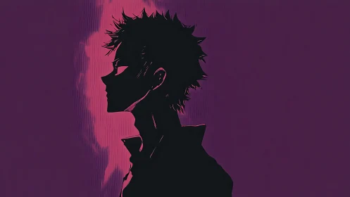 Silhouetted anime boy faces left against magenta light