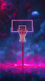 Neon-lit basketball hoop under cosmic night sky glow