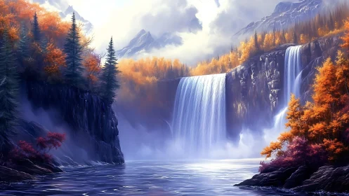 Majestic twin waterfalls plunge through autumn mountain valley.