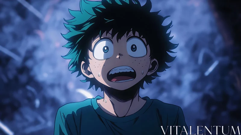 Anime boy in close-up, illuminated in dark blue scene.