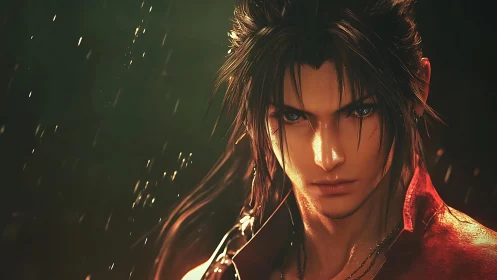 Stormlit warrior gazes forward with quiet, fiery resolve