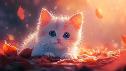 Ethereal White Kitten Glowing in Warm Autumn Light and Petals