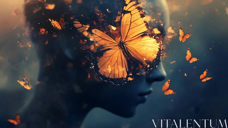 Human silhouette with dissolving orange butterfly mask.