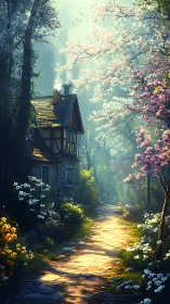 Timber cottage beside stone path in dense spring forest.