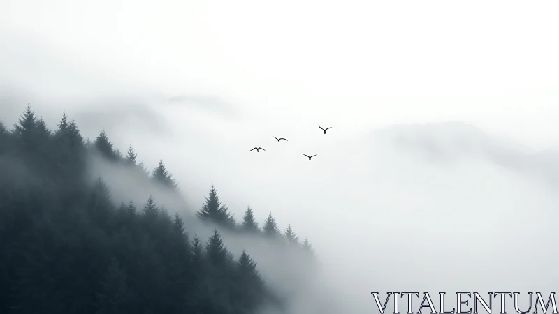 Foggy evergreen forest hillside with birds in flight.