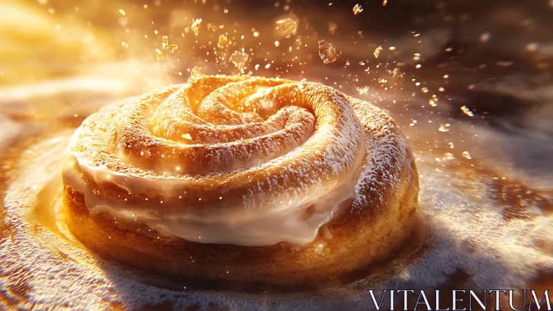 Cinnamon roll with icing in warm golden lighting.