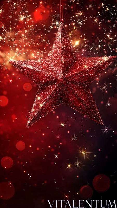 Red glitter star ornament hangs against glowing red background
