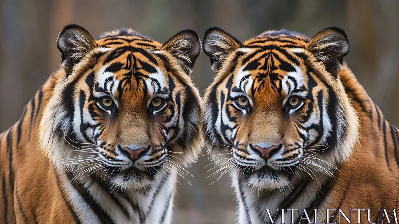 Twin Tigers Face Forward with Piercing Gaze and Sharp Focus