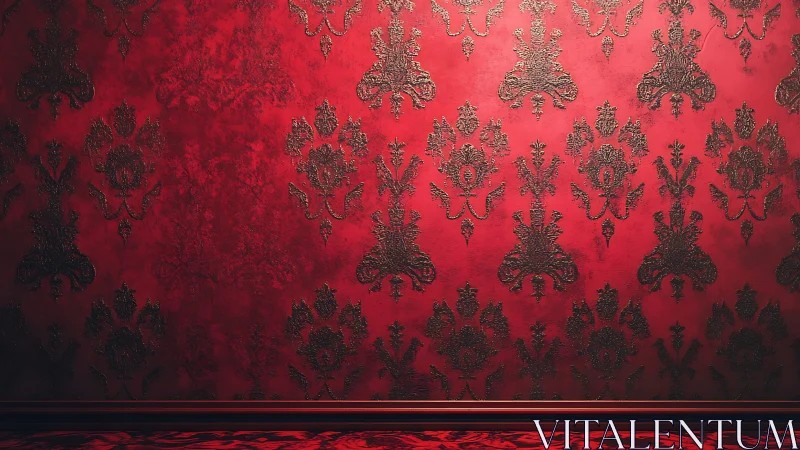 Red wall with black baroque damask pattern and baseboard