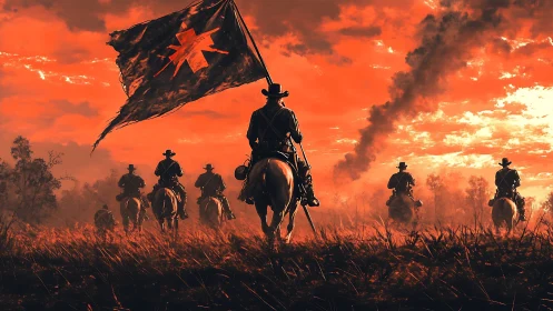 Cinematic cavalry riders under blazing red frontier sky.