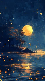 Moonlit forest shoreline under drifting firefly lights.