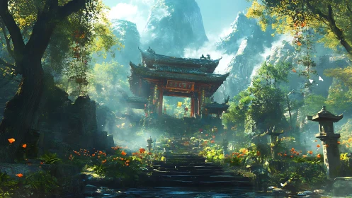 Sunlit mountain shrine gateway wrapped in misty forest calm.