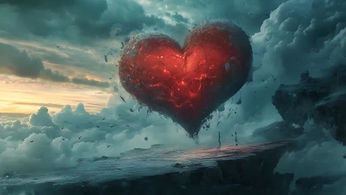 Glowing Heart Floats Through Celestial Clouds and Misty Cliffs