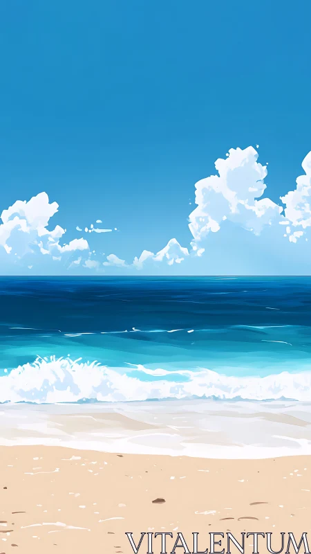 Calm sandy shoreline with blue sea and clouds above.