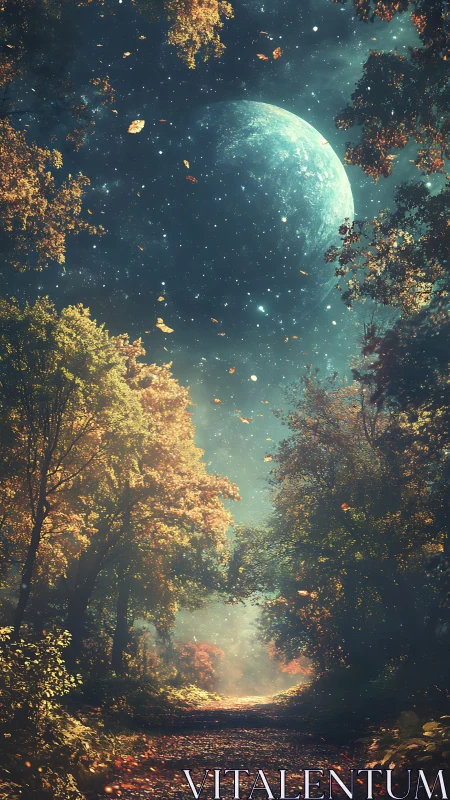 Moonlit forest path beneath glowing celestial sphere.
