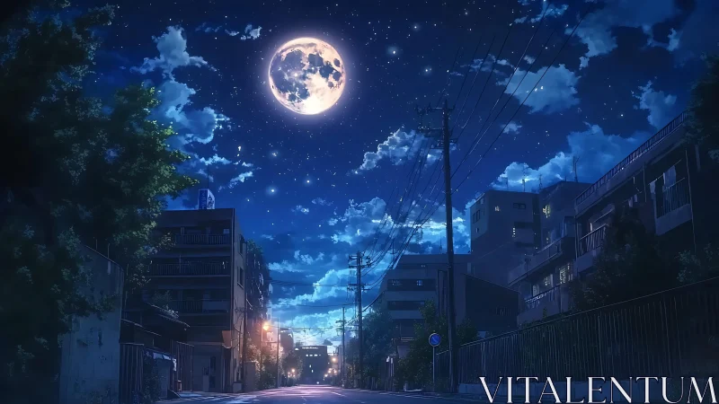 Midnight city street under luminous full moon sky.