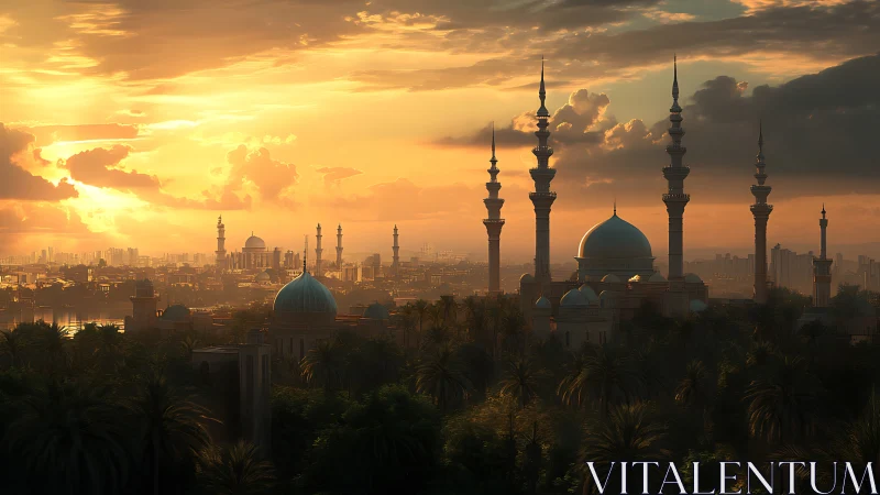 Golden sunset over serene domes and palm-filled skyline.