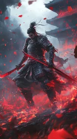Armored samurai warrior stands in burning battlefield.