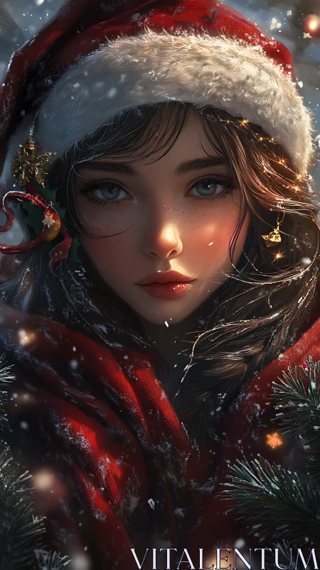 High-detail winter portrait of red-cloaked girl in snowfall.
